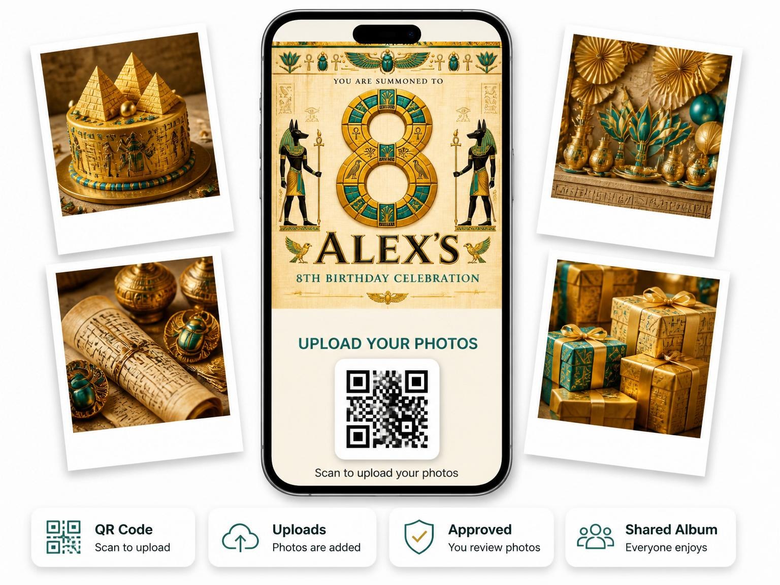The shared photo gallery that comes with the Gold Papyrus Egyptian 8th Birthday invitation