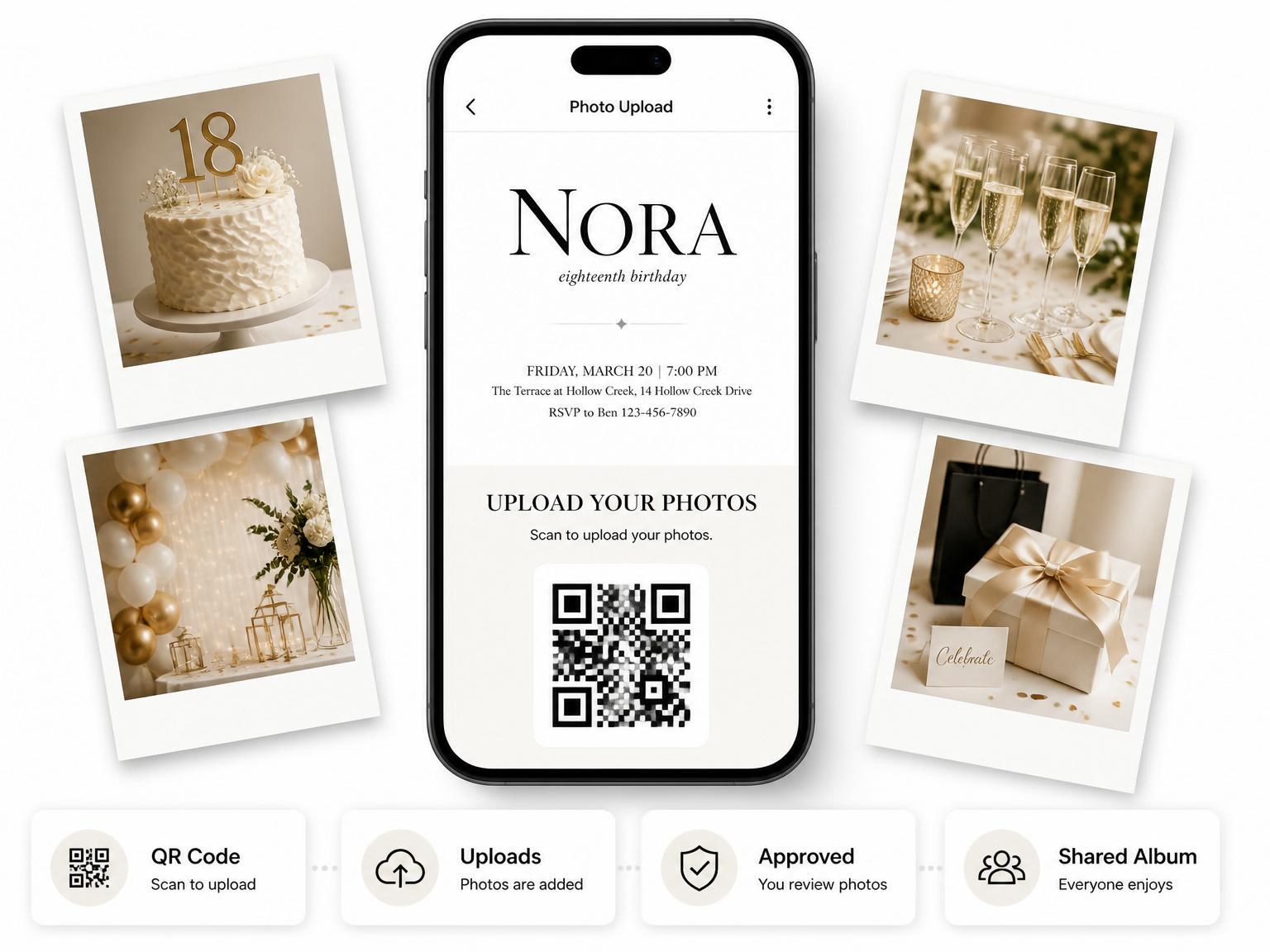 The shared photo gallery that comes with the Minimalist Black Serif 18th Birthday invitation