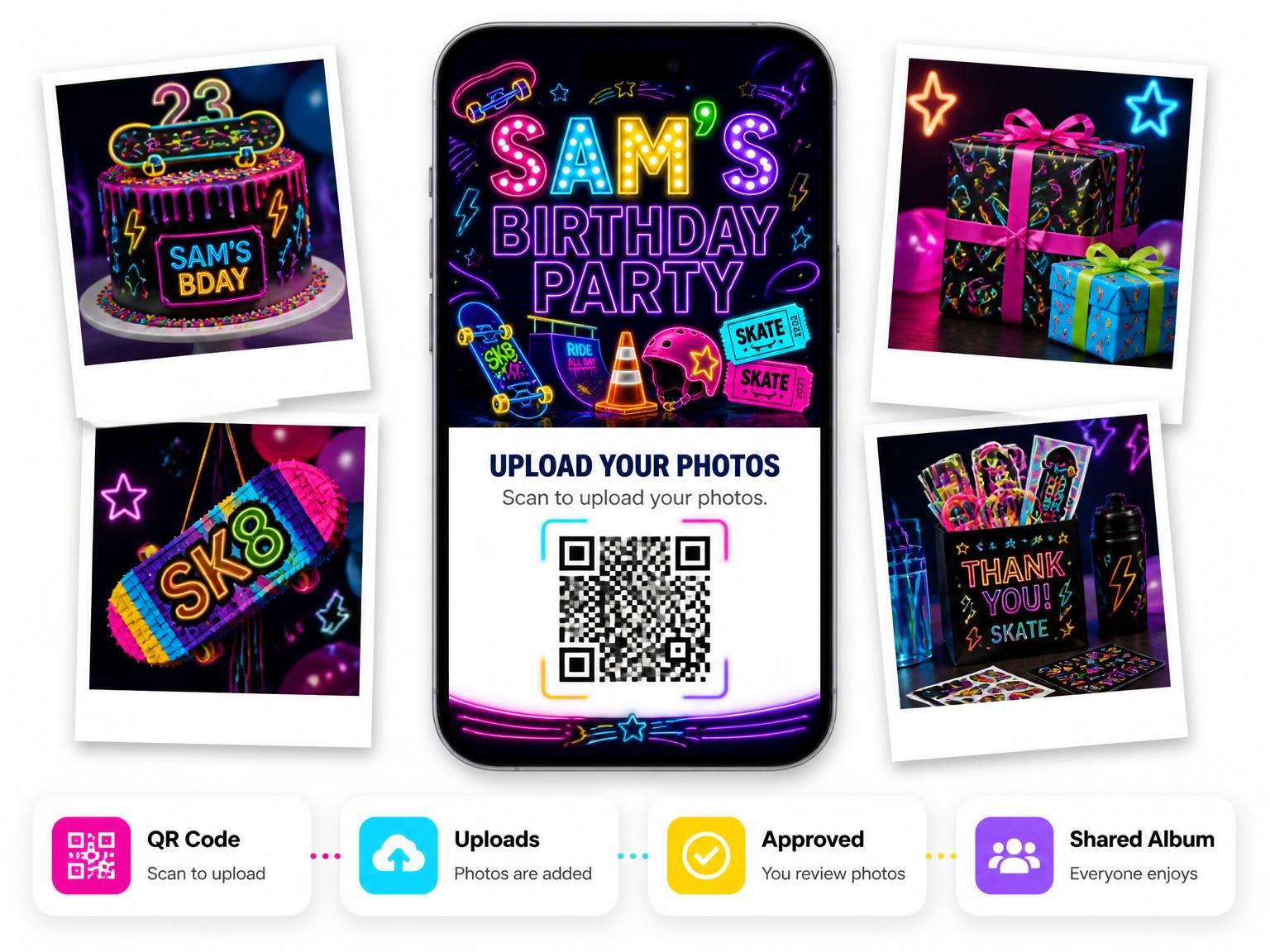 The shared photo gallery that comes with the Neon Skateboard 23rd Birthday Invitation invitation