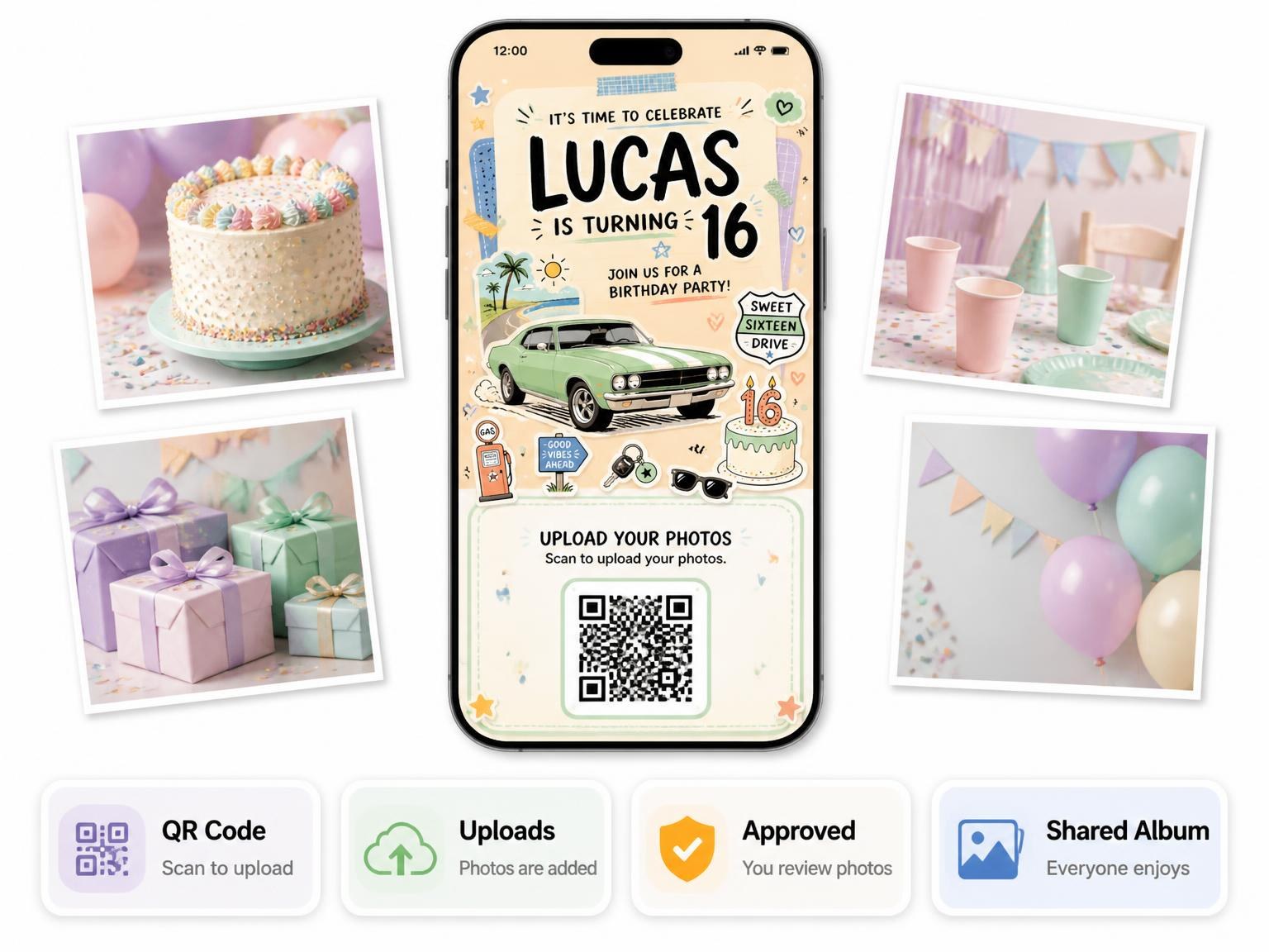 The shared photo gallery that comes with the Muscle Car Pastel 16th Birthday Invitation invitation
