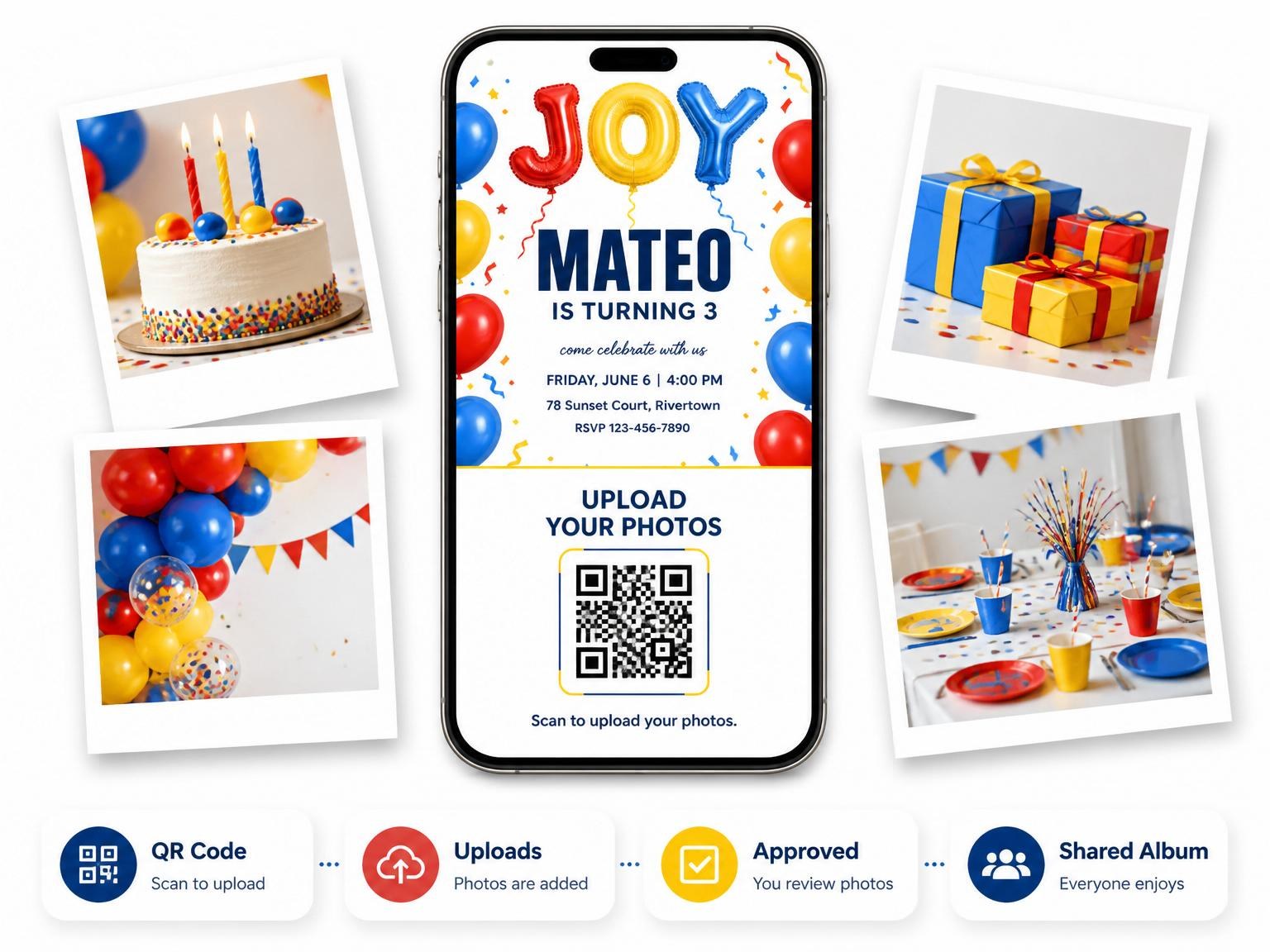 The shared photo gallery that comes with the Primary Color Balloon Kids' 3rd Birthday invitation