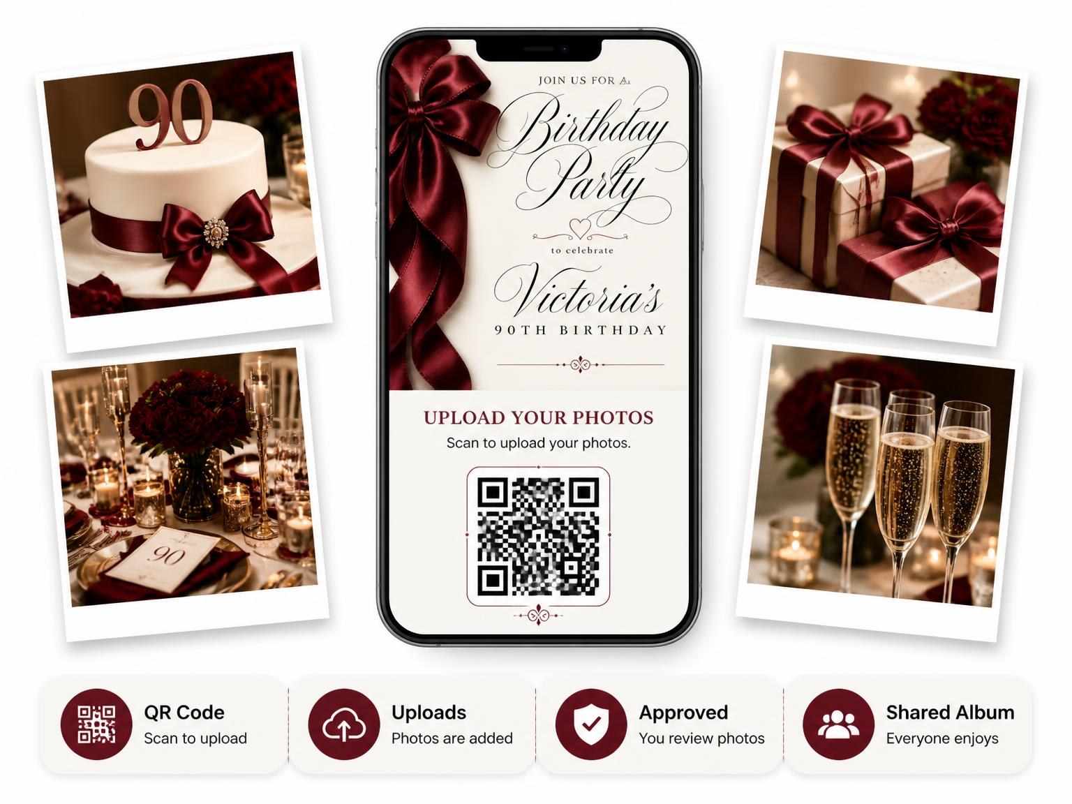 The shared photo gallery that comes with the Burgundy Satin Bow 90th Birthday Invitation invitation