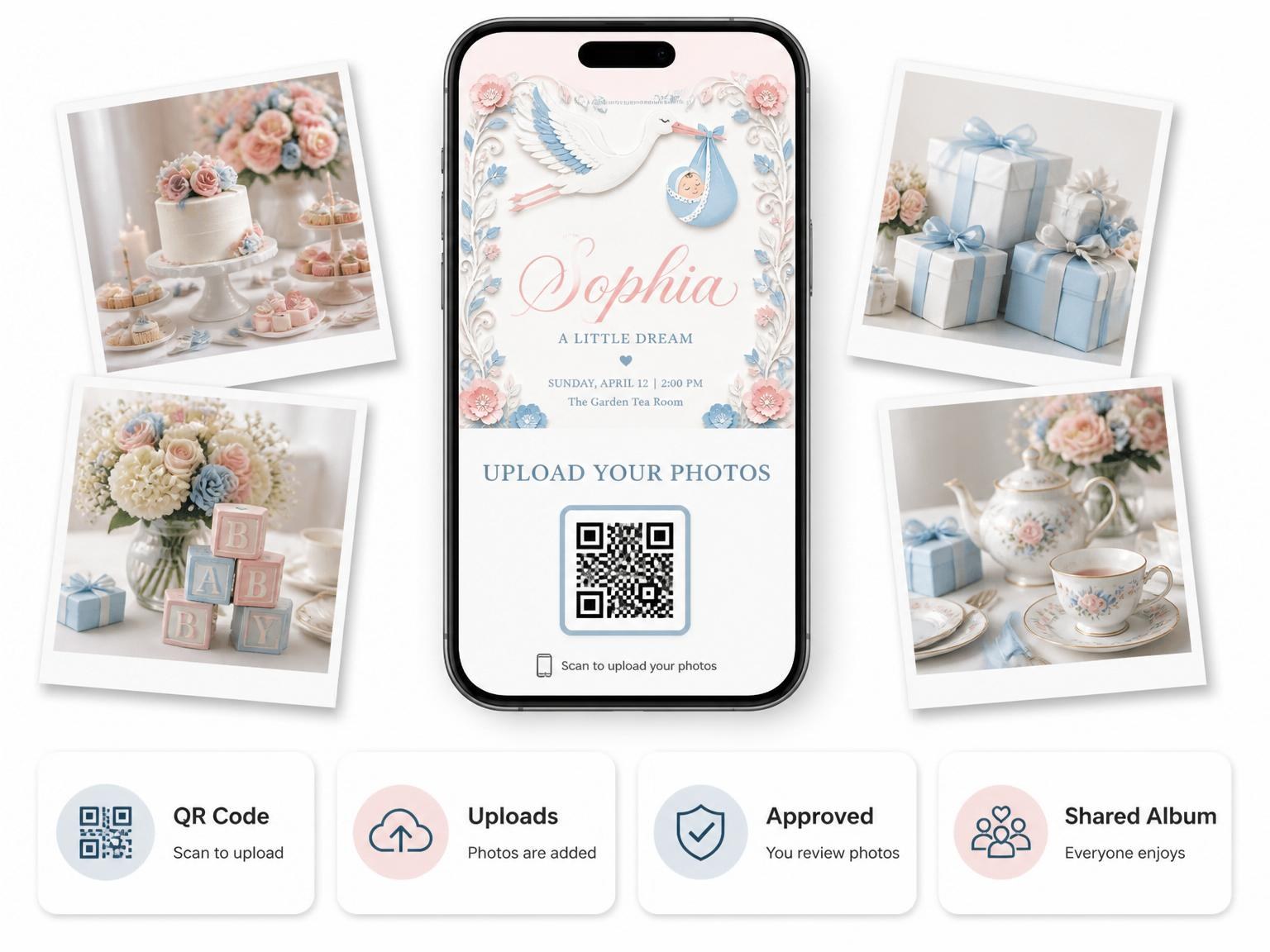 The shared photo gallery that comes with the Pink and Blue Stork Baby Shower invitation