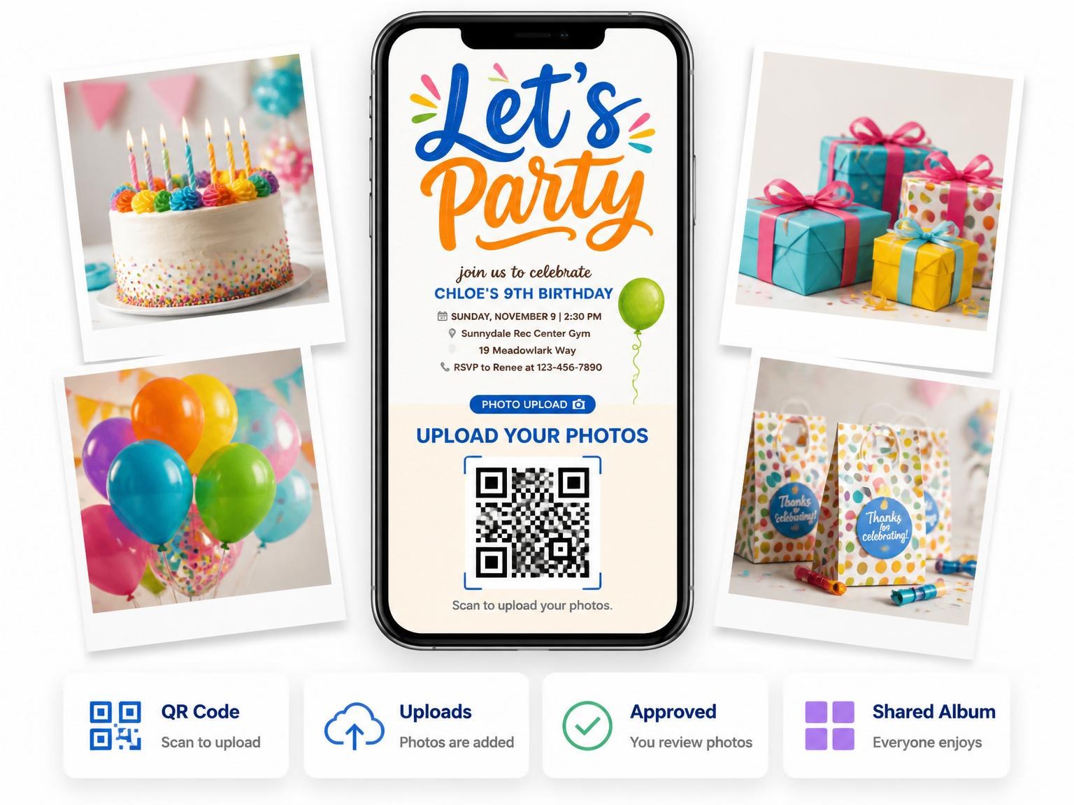 The shared photo gallery that comes with the Primary Color Balloon 9th Birthday Invitation invitation