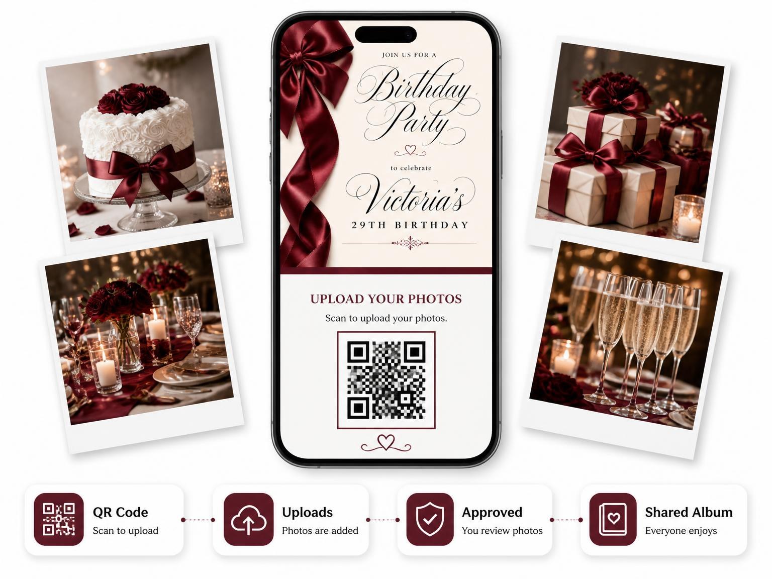 The shared photo gallery that comes with the Burgundy Satin Bow 29th Birthday Invitation invitation