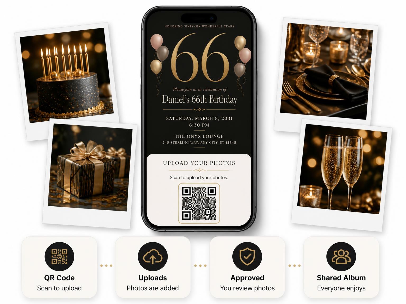 The shared photo gallery that comes with the Charcoal and Blush 66th Birthday Invitation invitation
