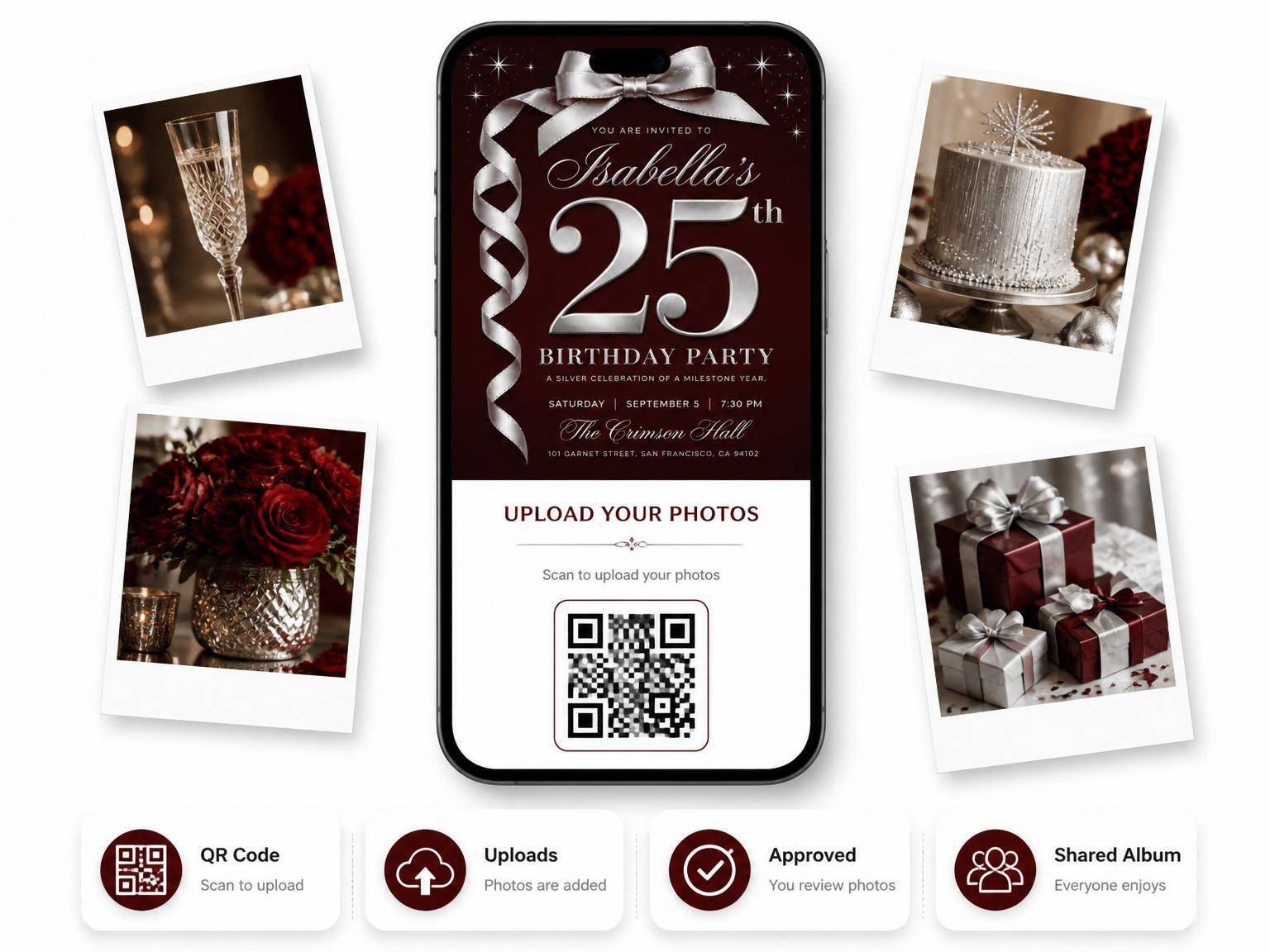 The shared photo gallery that comes with the Burgundy Silver Ribbon 25th Birthday invitation