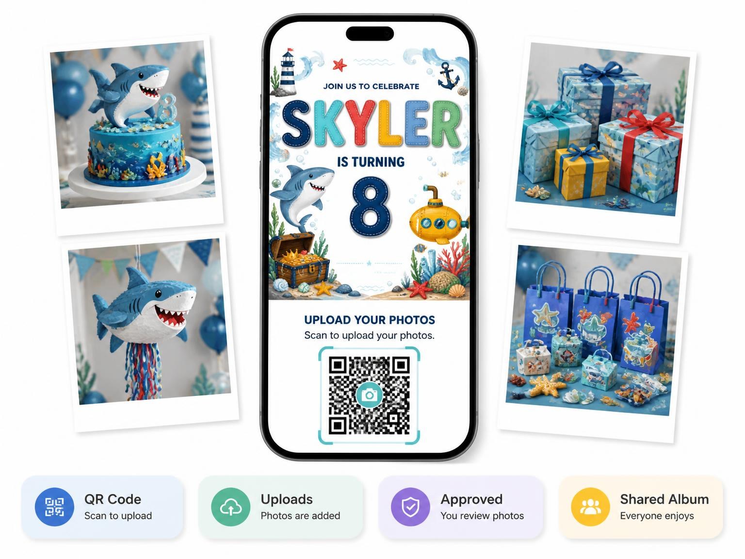The shared photo gallery that comes with the Stitched Shark 8th Birthday Invitation invitation