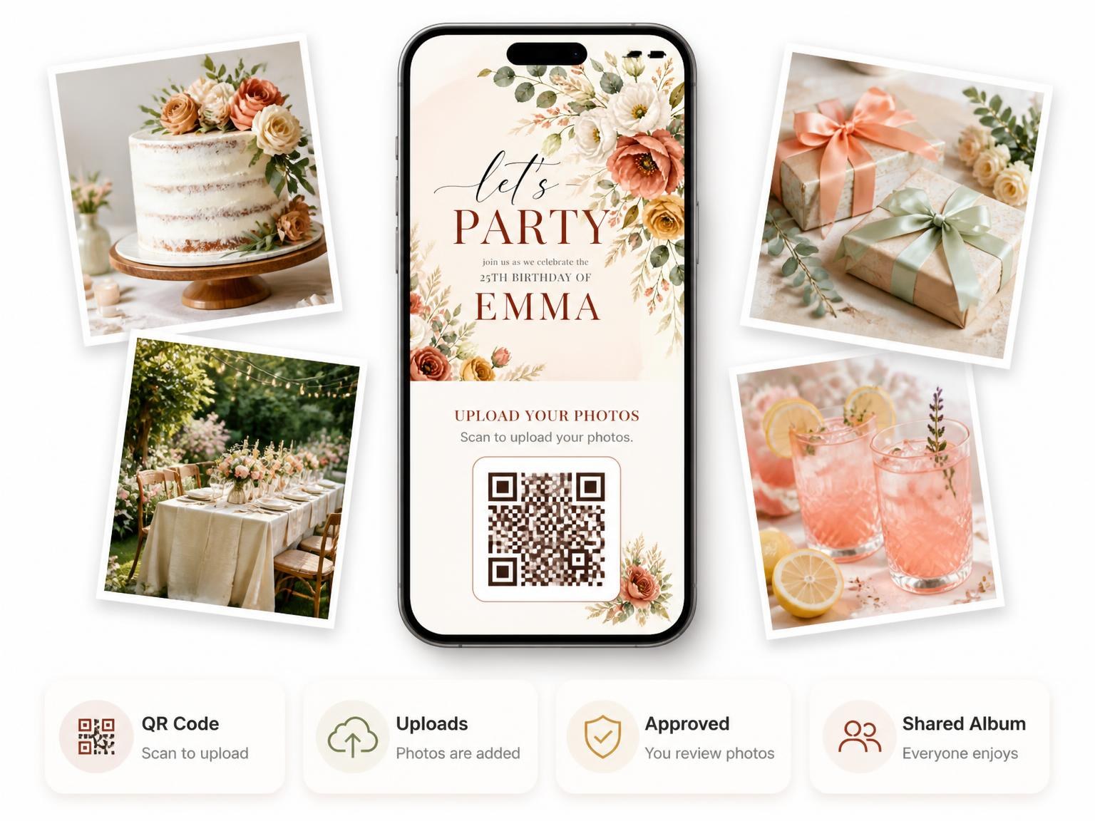 The shared photo gallery that comes with the Terracotta Boho Chic 25th Birthday Invitation invitation