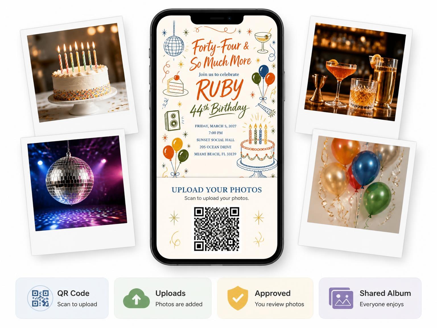 The shared photo gallery that comes with the Retro Doodle 44th Birthday Invitation invitation