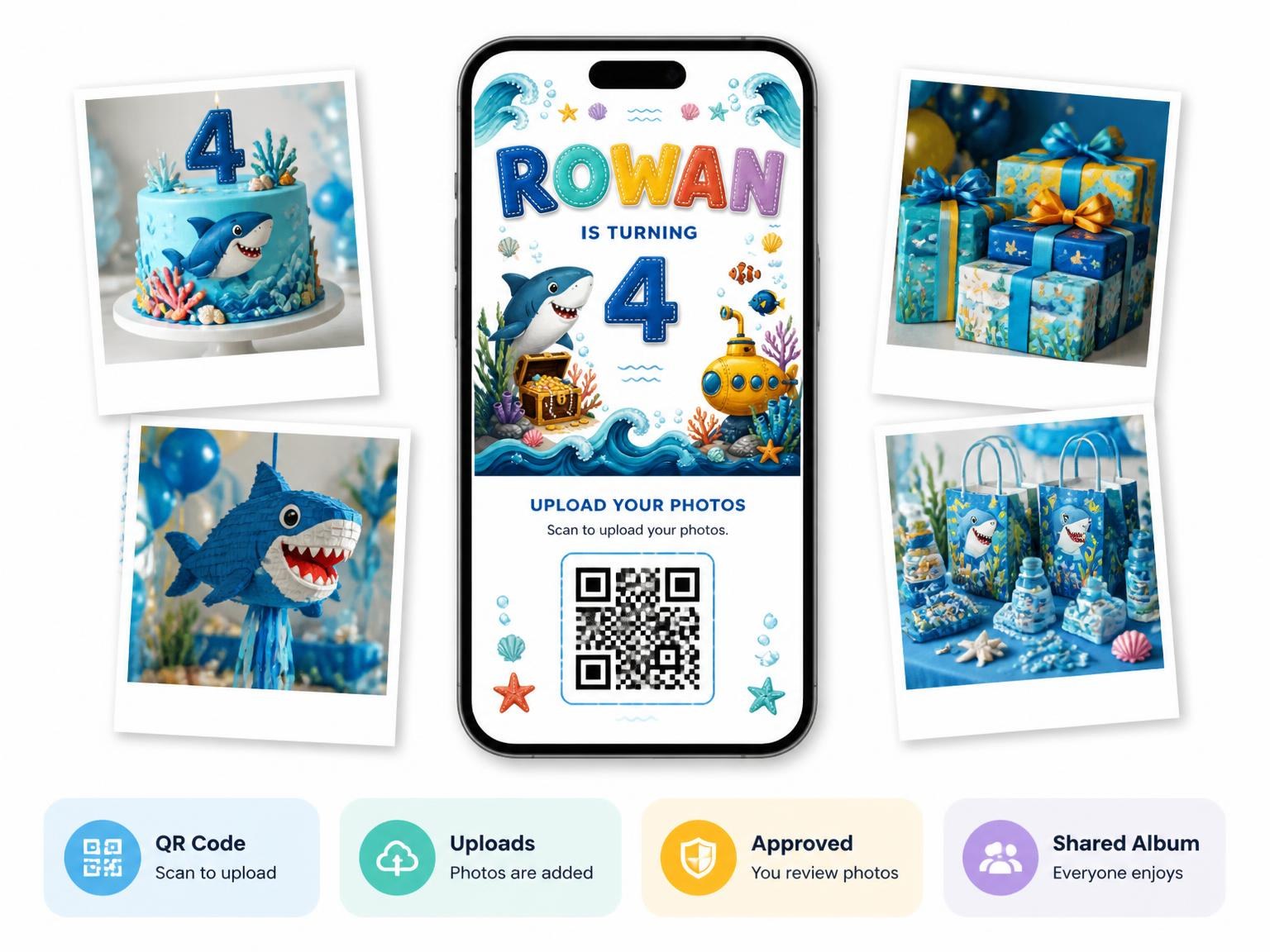 The shared photo gallery that comes with the Stitched Shark 4th Birthday Invitation invitation