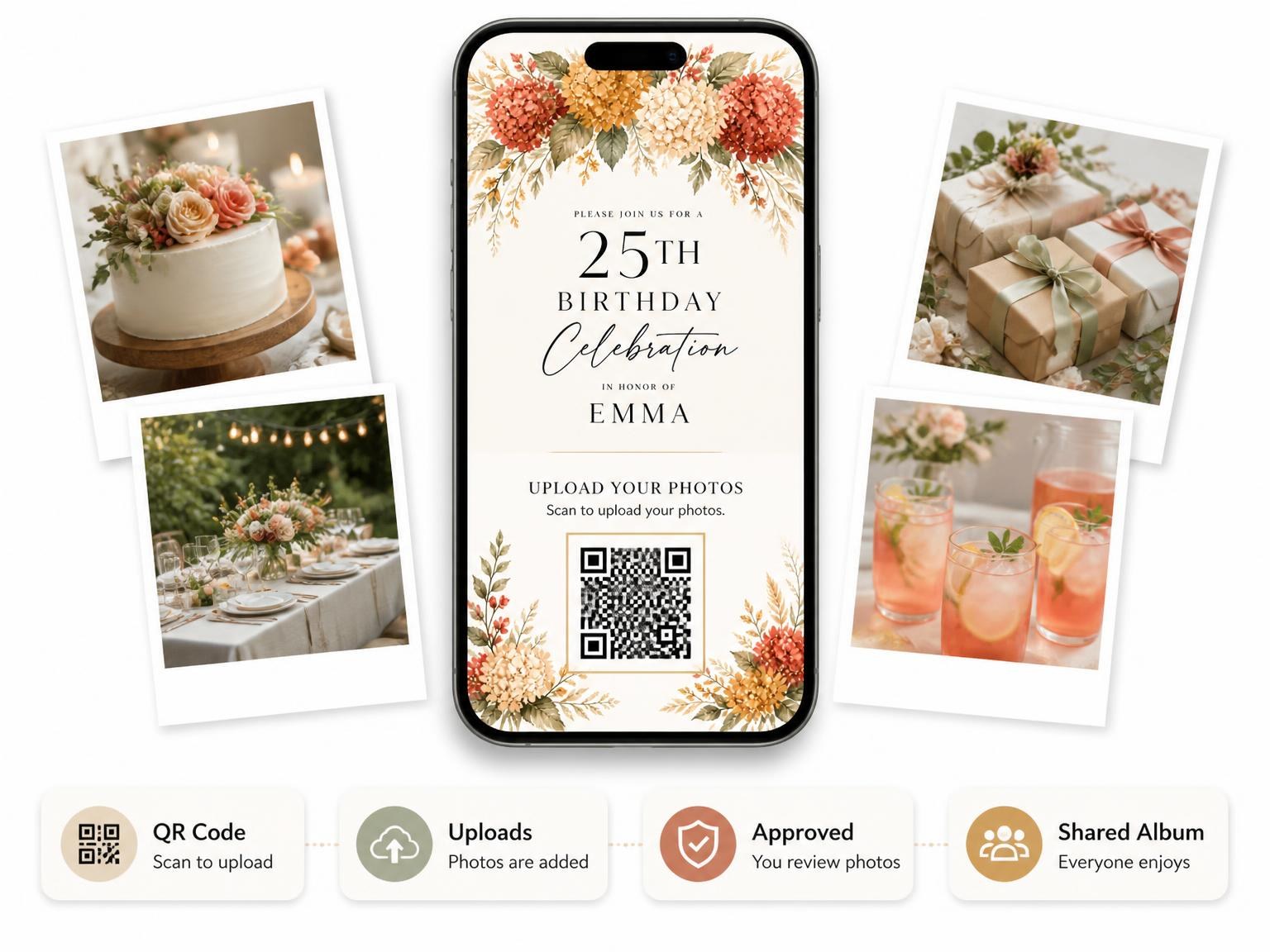 The shared photo gallery that comes with the Botanical Garland 25th Birthday Invitation invitation