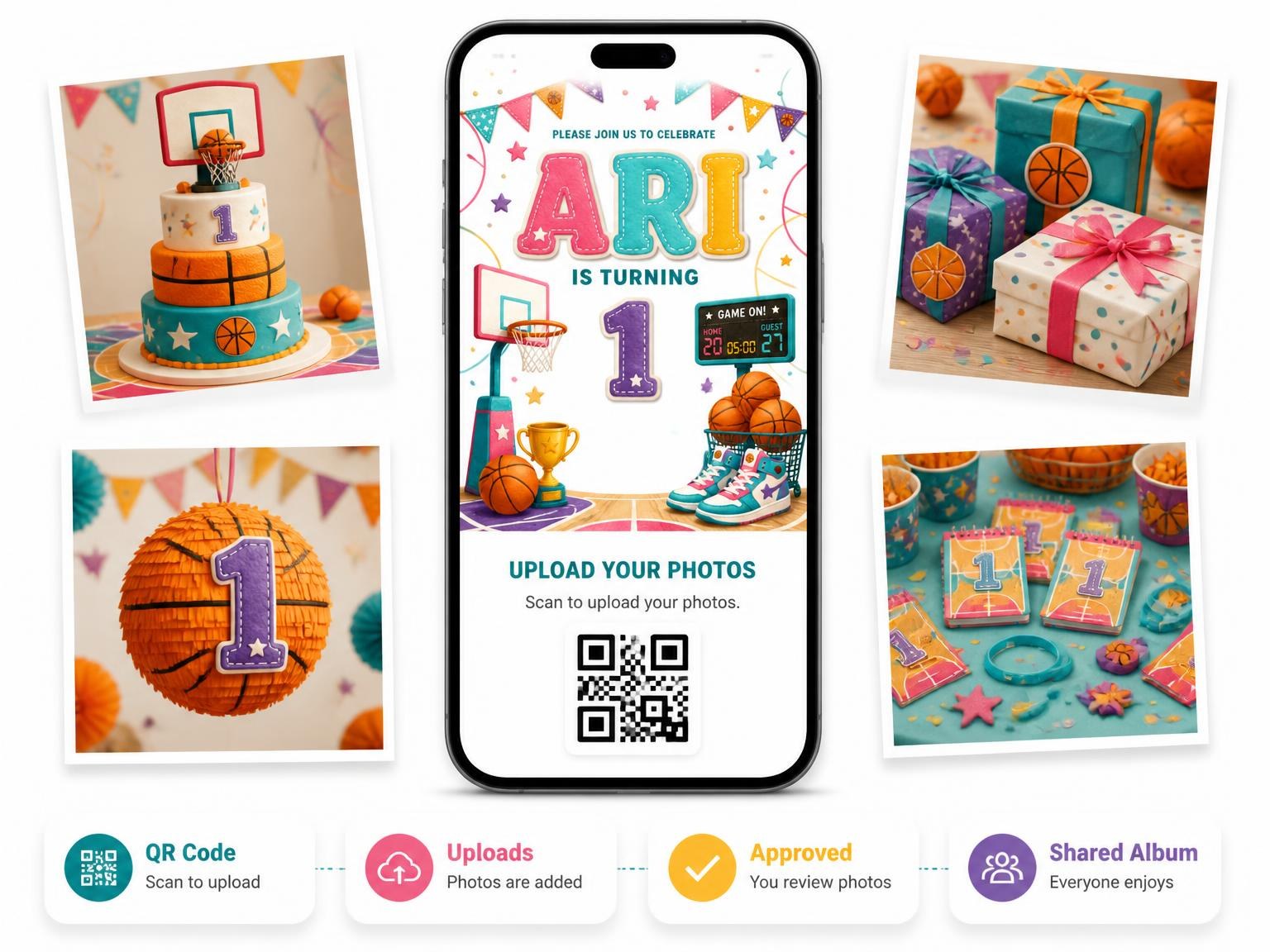 The shared photo gallery that comes with the Stitched Basketball 1st Birthday Invitation invitation