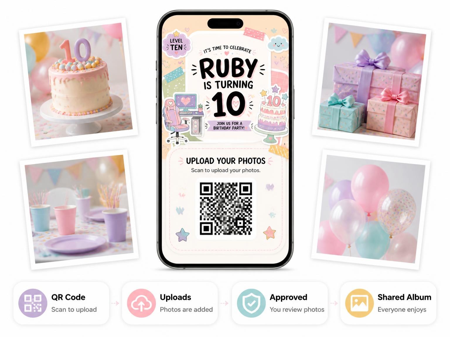 The shared photo gallery that comes with the Pastel Gaming Lounge 10th Birthday Invitation invitation