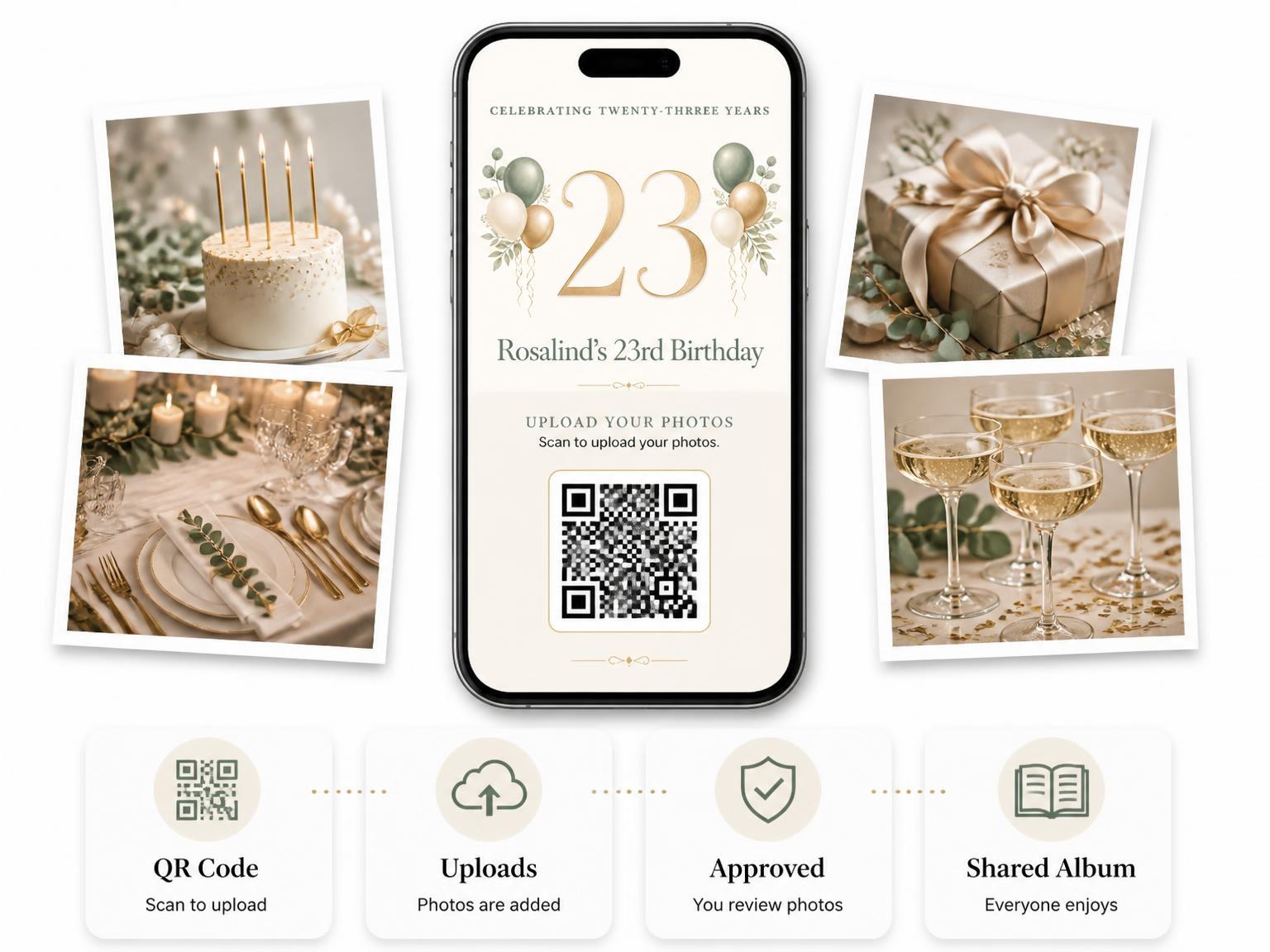 The shared photo gallery that comes with the Sage and Ivory 23rd Birthday Invitation invitation