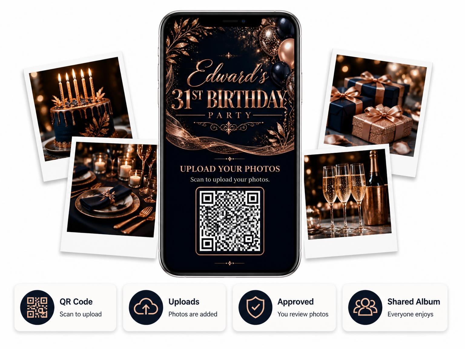 The shared photo gallery that comes with the Navy and Rose Gold 31st Birthday Invitation invitation