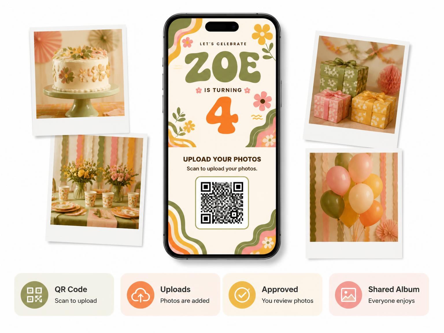 The shared photo gallery that comes with the Groovy Retro 4th Birthday Invitation invitation