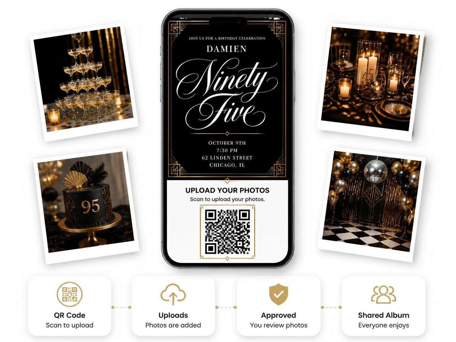 The shared photo gallery that comes with the Art Deco 95th Birthday Invitation invitation