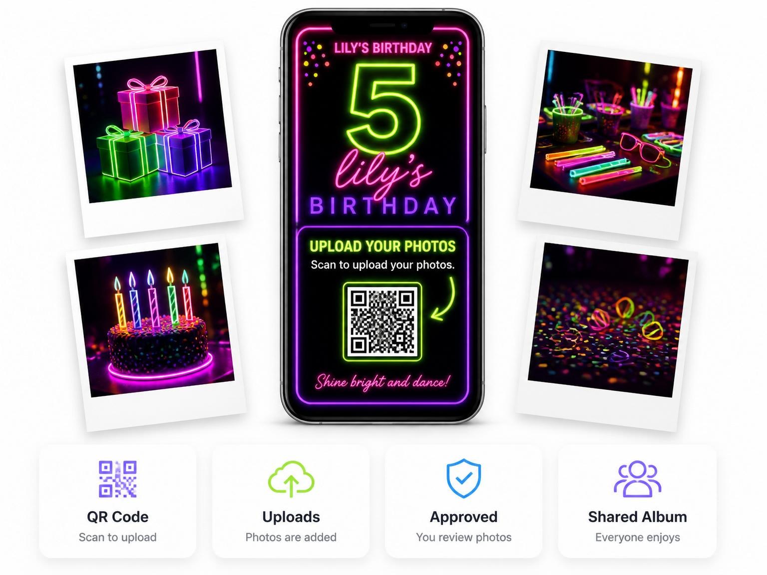 The shared photo gallery that comes with the Neon Glow Number 5th Birthday Party invitation