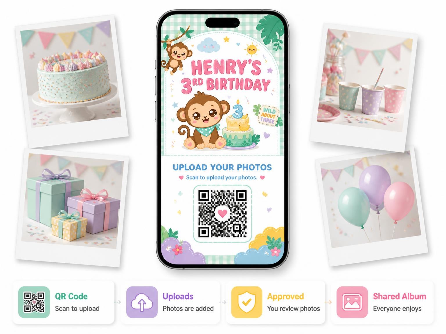 The shared photo gallery that comes with the Hanging Monkey Kawaii 3rd Birthday Invitation invitation