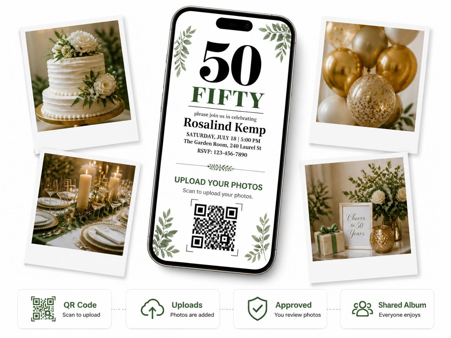The shared photo gallery that comes with the Minimalist Black and Green 50th Birthday invitation
