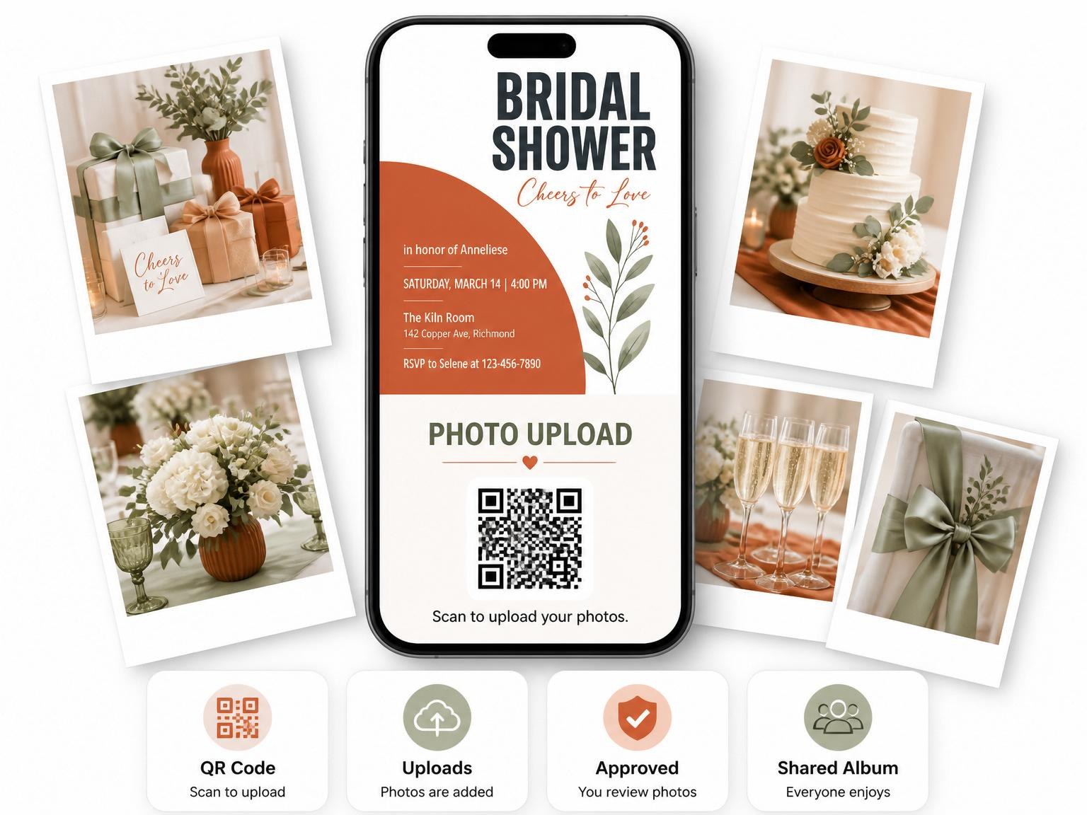 The shared photo gallery that comes with the Terracotta Arch Botanical Bridal Shower invitation