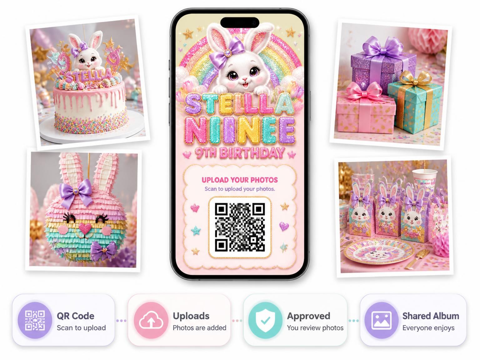 The shared photo gallery that comes with the Glitter Sparkle Bunny 9th Birthday Invitation invitation