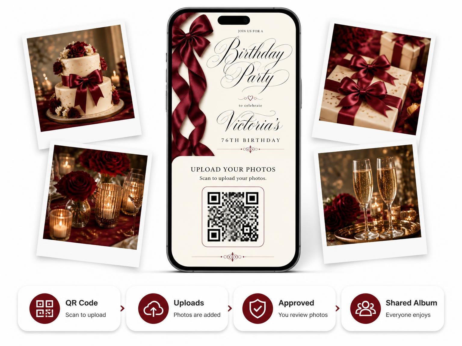 The shared photo gallery that comes with the Burgundy Satin Bow 76th Birthday Invitation invitation
