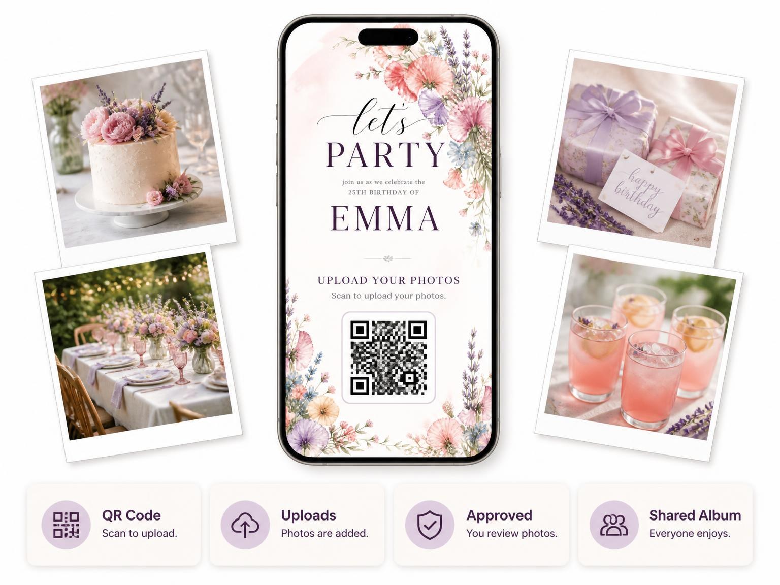 The shared photo gallery that comes with the Pastel Wildflower Arch 25th Birthday Invitation invitation