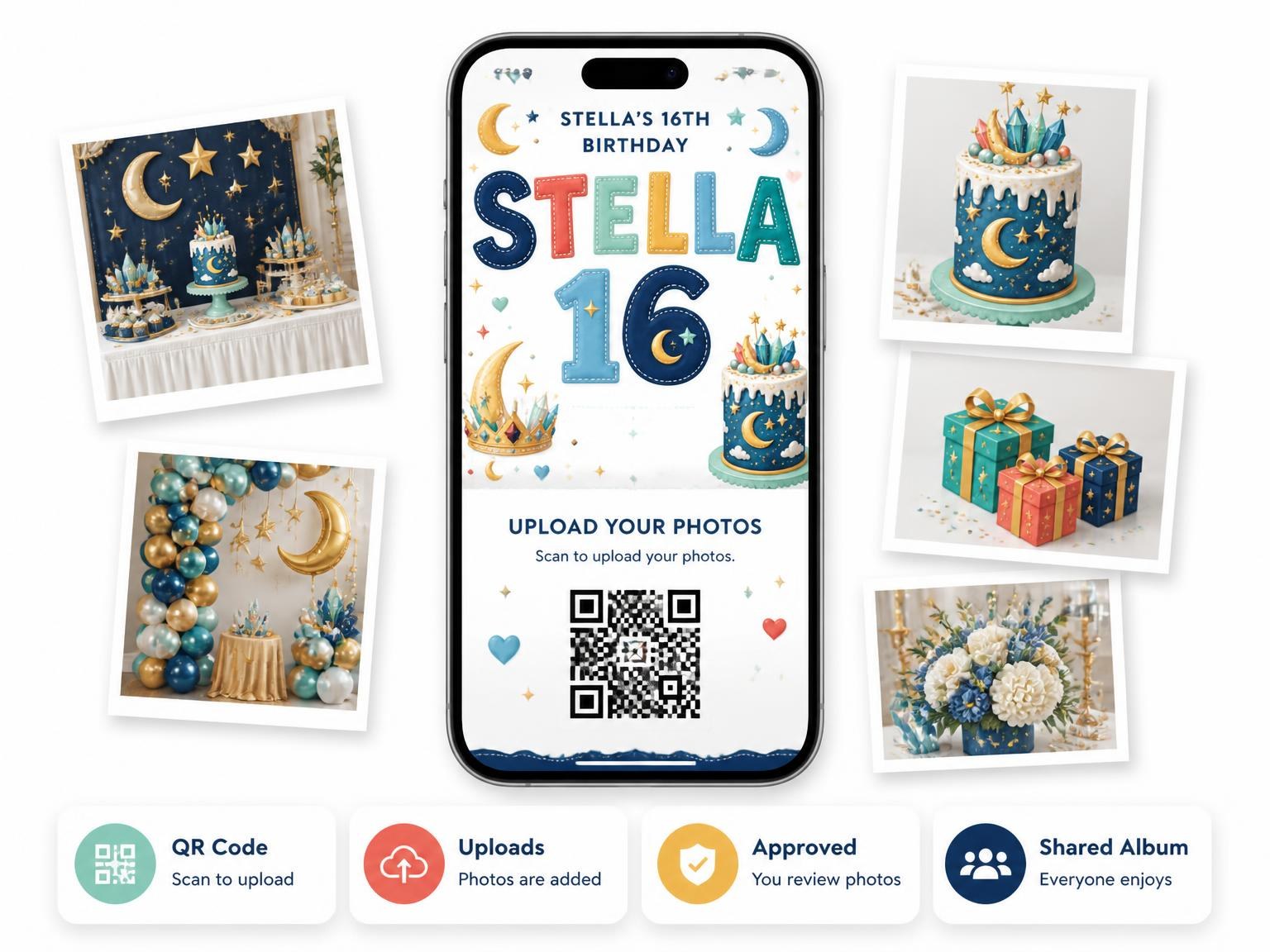 The shared photo gallery that comes with the Crystal Moon 16th Birthday Invitation invitation
