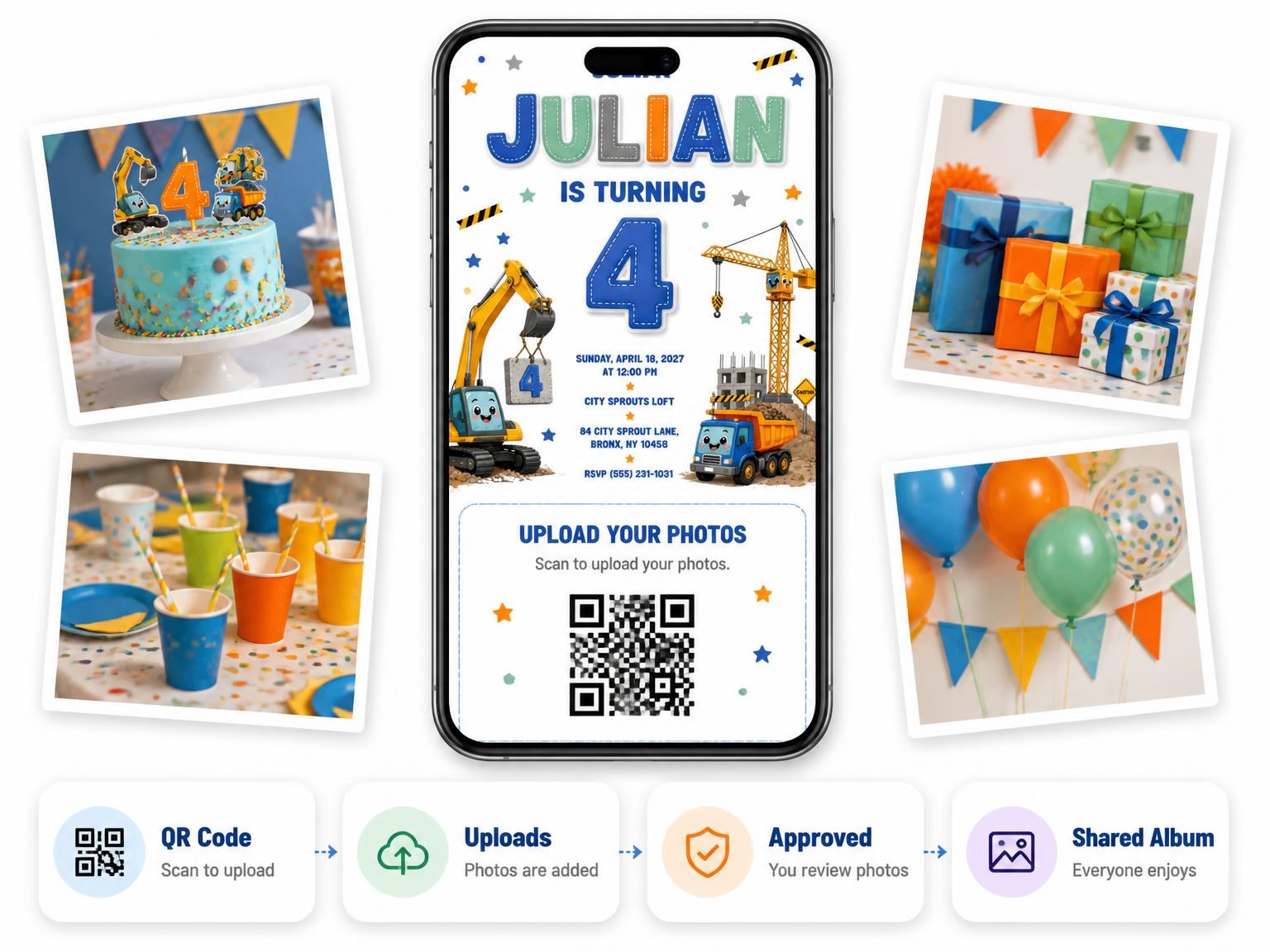 The shared photo gallery that comes with the Dump Truck Stitched 4th Birthday Invitation invitation