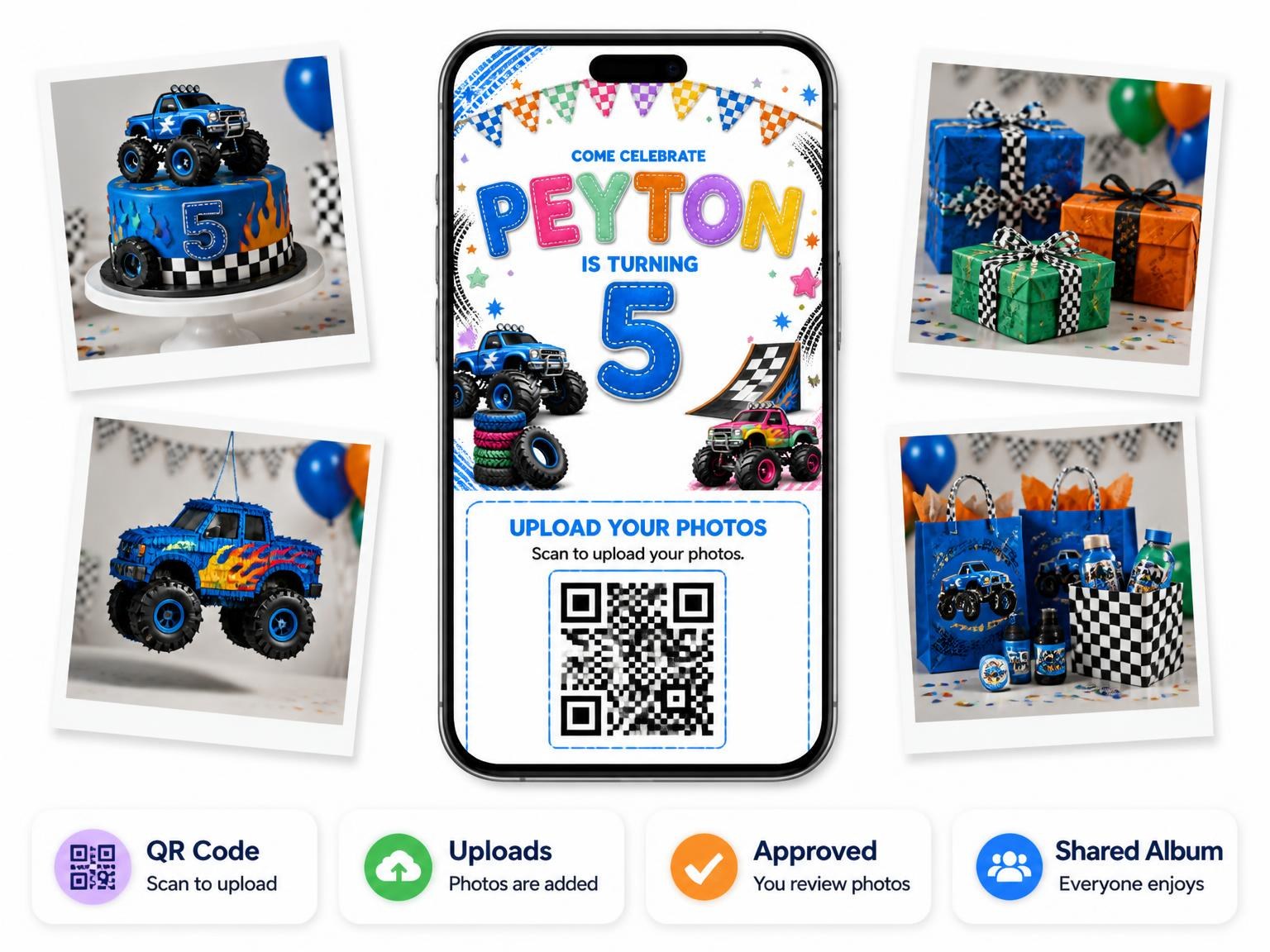 The shared photo gallery that comes with the Stitched Monster Truck 5th Birthday Invitation invitation