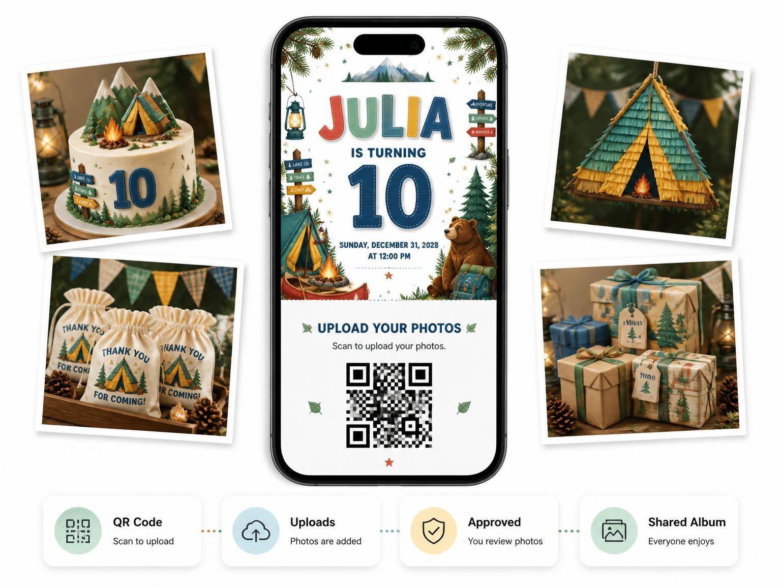 The shared photo gallery that comes with the Stitched Camping 10th Birthday Invitation invitation