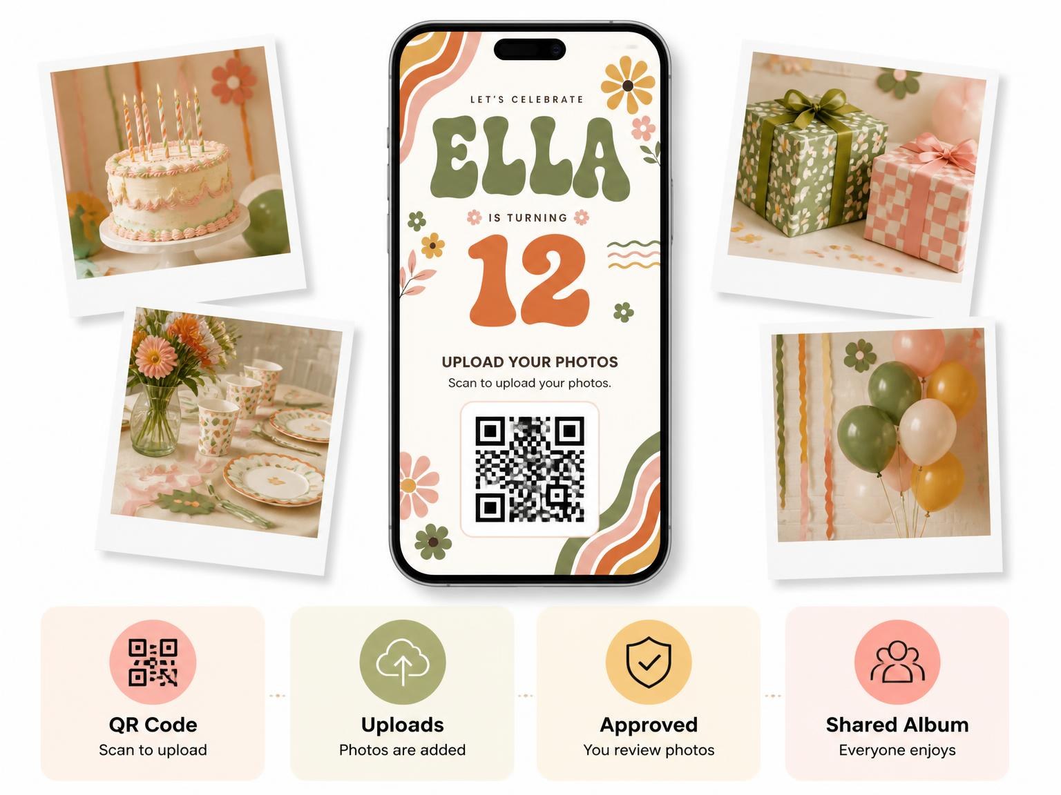 The shared photo gallery that comes with the Groovy Retro 12th Birthday Invitation invitation