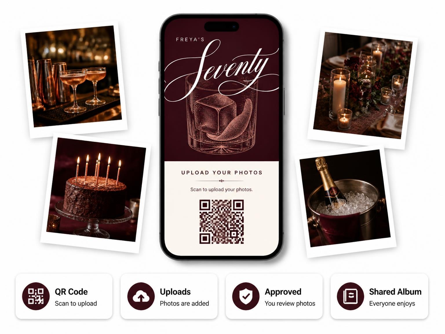 The shared photo gallery that comes with the Burgundy Cocktail 70th Birthday Invitation invitation