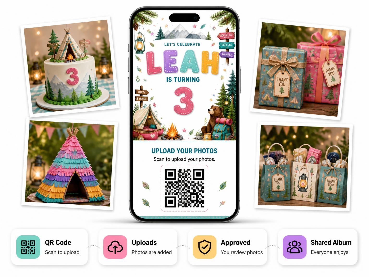 The shared photo gallery that comes with the Stitched Camping 3rd Birthday Invitation invitation