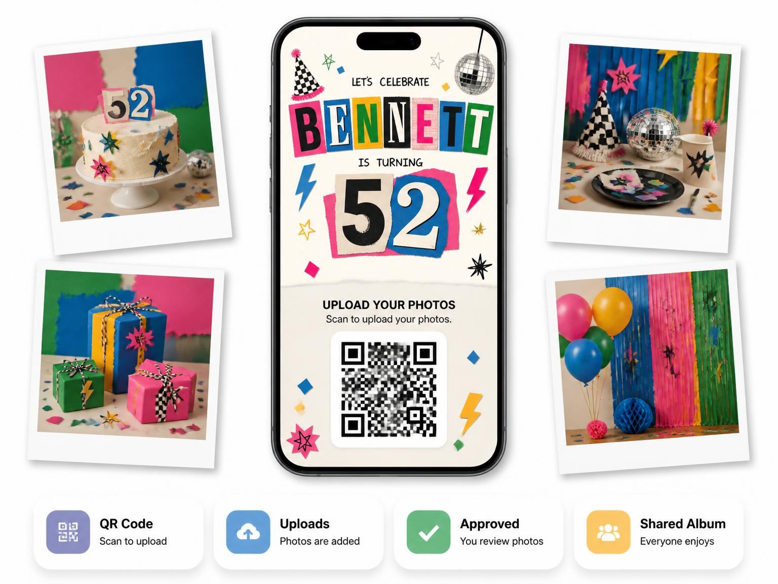 The shared photo gallery that comes with the Retro Paper Collage 52nd Birthday Invitation invitation