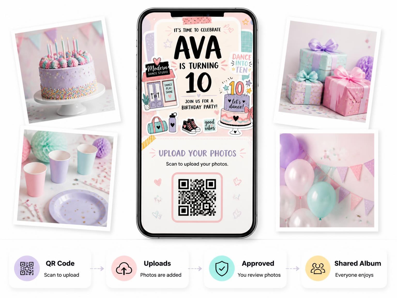 The shared photo gallery that comes with the Dance Studio 10th Birthday Invitation invitation