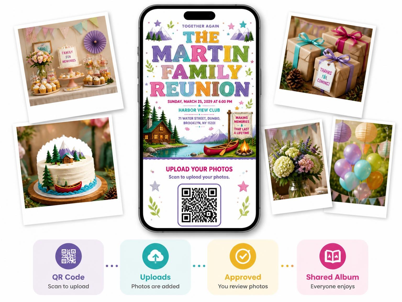 The shared photo gallery that comes with the Log Cabin Family Reunion Invitation invitation
