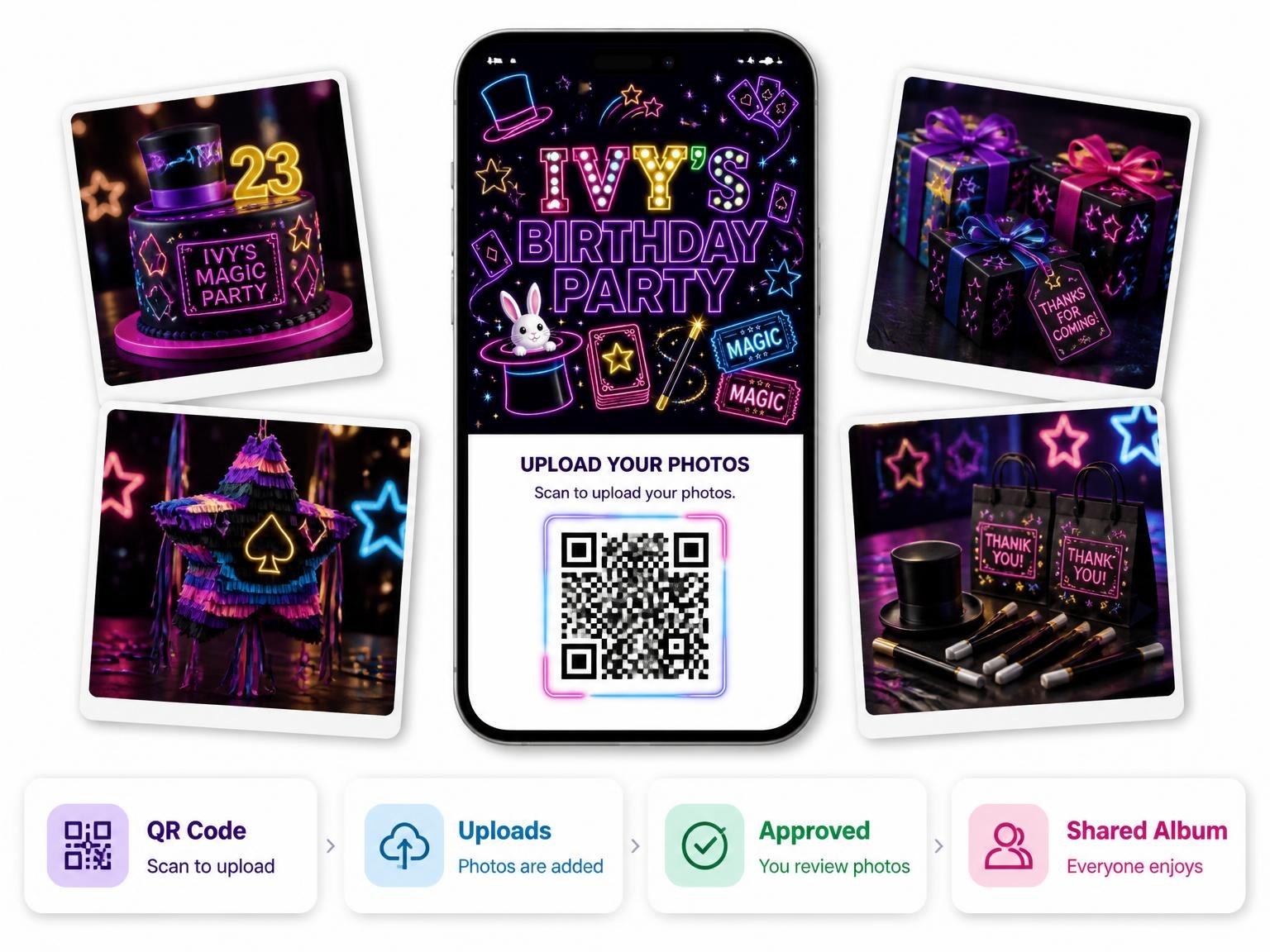 The shared photo gallery that comes with the Neon Magic Show 23rd Birthday Invitation invitation