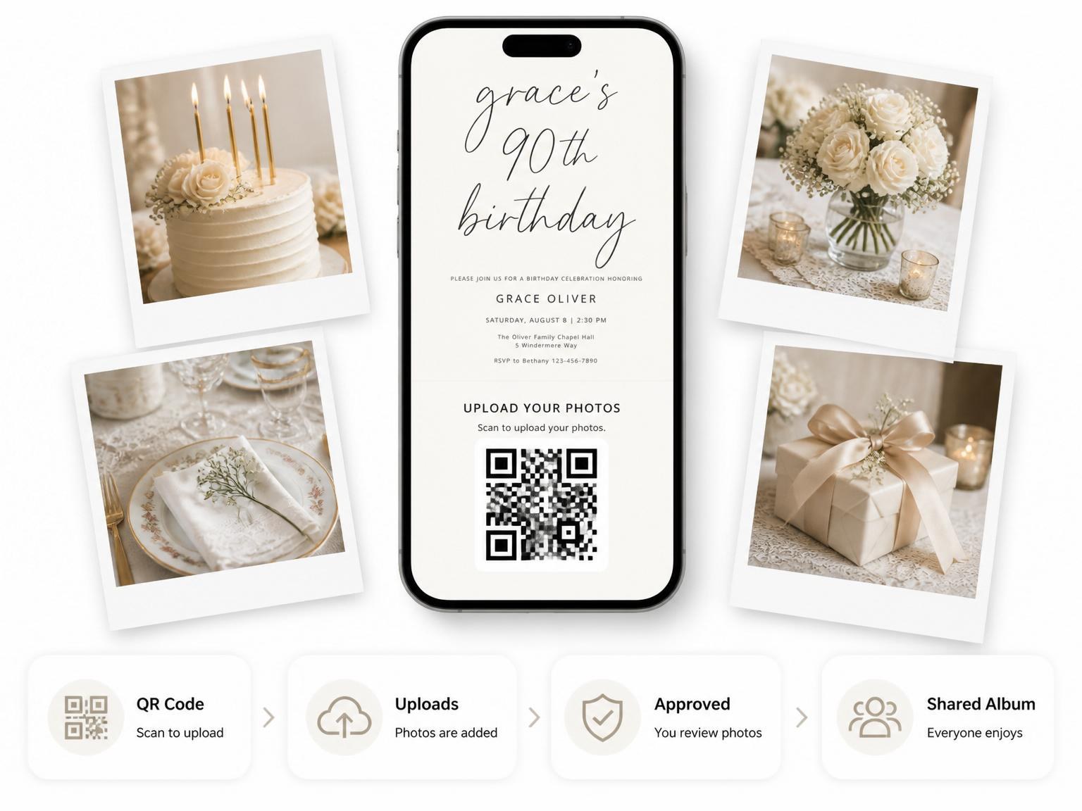 The shared photo gallery that comes with the Cream Minimalist Script 90th Birthday invitation