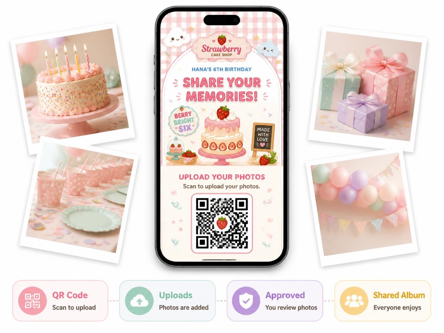 The shared photo gallery that comes with the Baker Kawaii Pastel 6th Birthday Invitation invitation