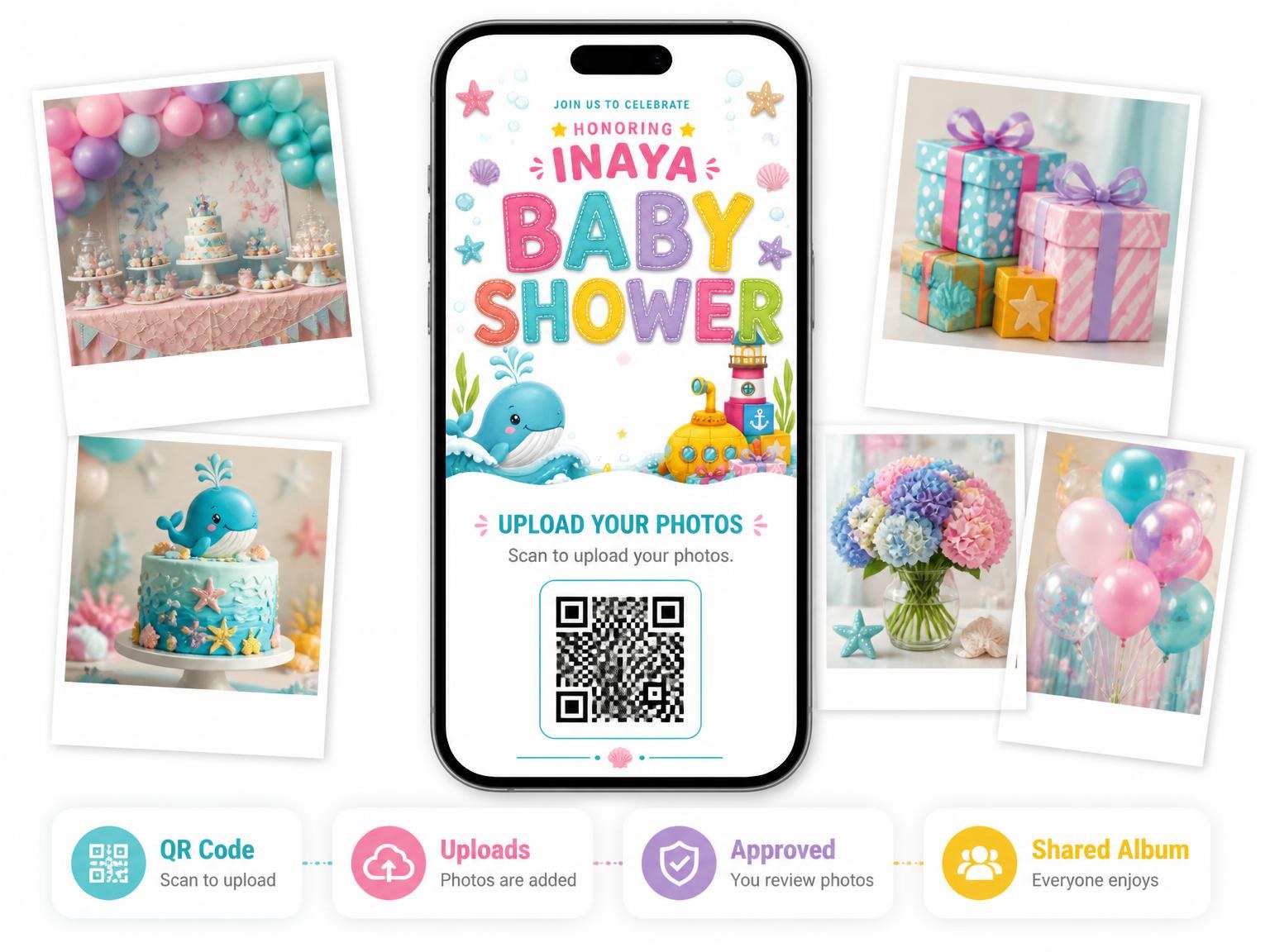 The shared photo gallery that comes with the Baby Whale Baby Shower Invitation invitation