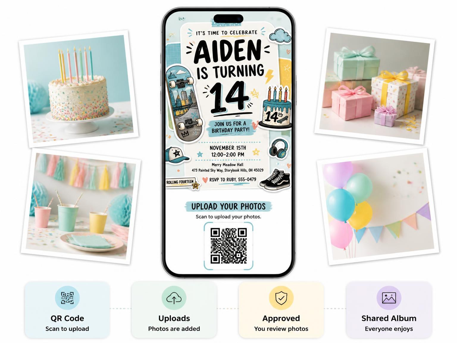 The shared photo gallery that comes with the Skateboard Pastel 14th Birthday Invitation invitation