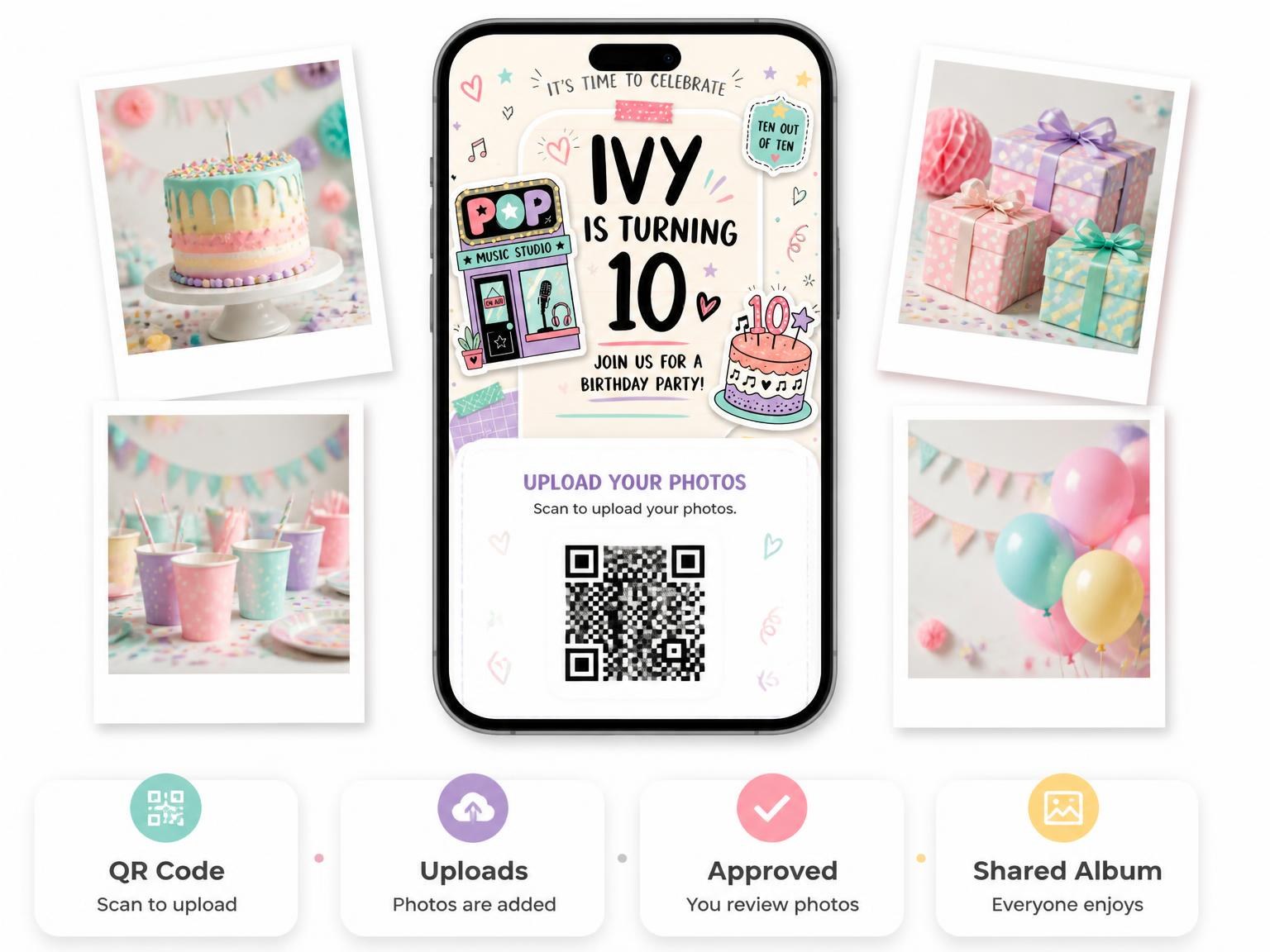 The shared photo gallery that comes with the Studio Building Pastel 10th Birthday Invitation invitation