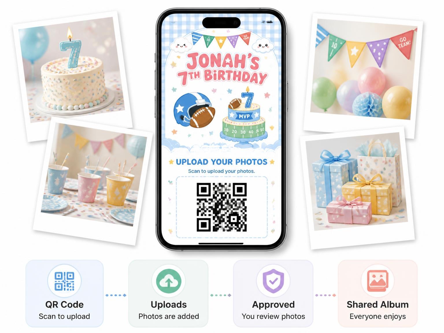 The shared photo gallery that comes with the Cake Kawaii Pastel 7th Birthday Invitation invitation