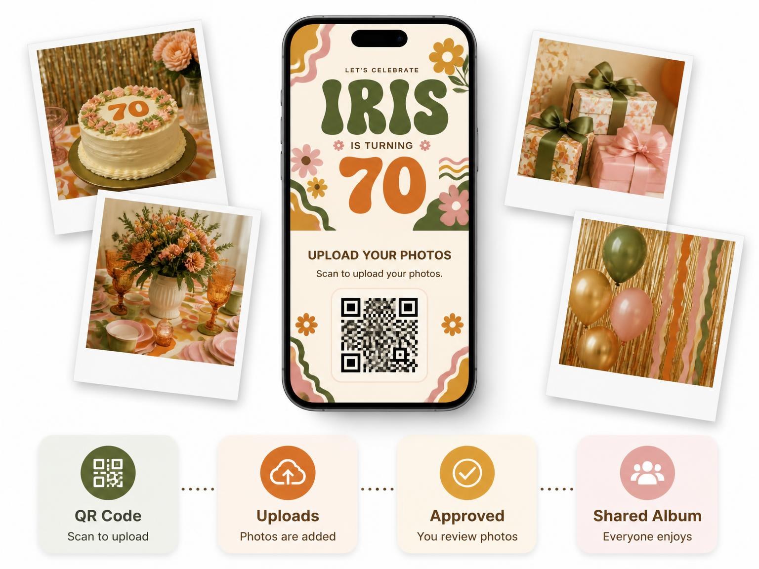 The shared photo gallery that comes with the Groovy Retro 70th Birthday Invitation invitation