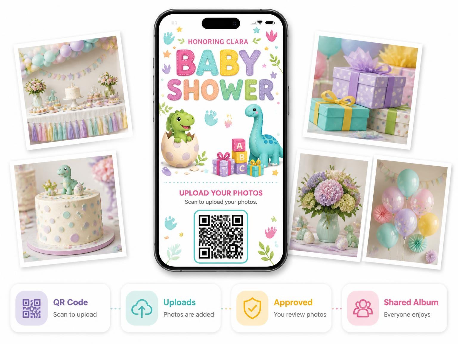 The shared photo gallery that comes with the T-Rex Dinosaur Baby Shower Invitation invitation