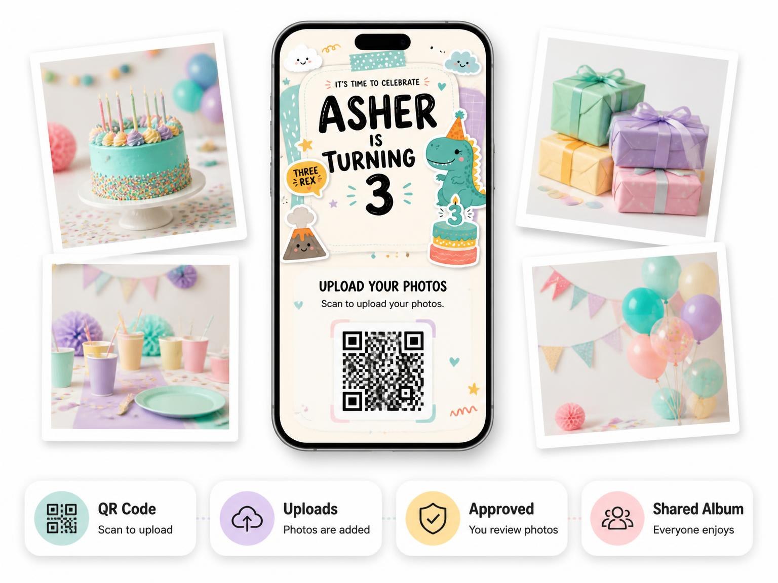The shared photo gallery that comes with the Pastel Green T-Rex 3rd Birthday Invitation invitation