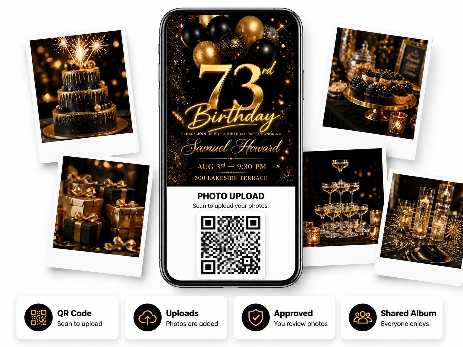 The shared photo gallery that comes with the Black and Gold Balloon 73rd Birthday invitation